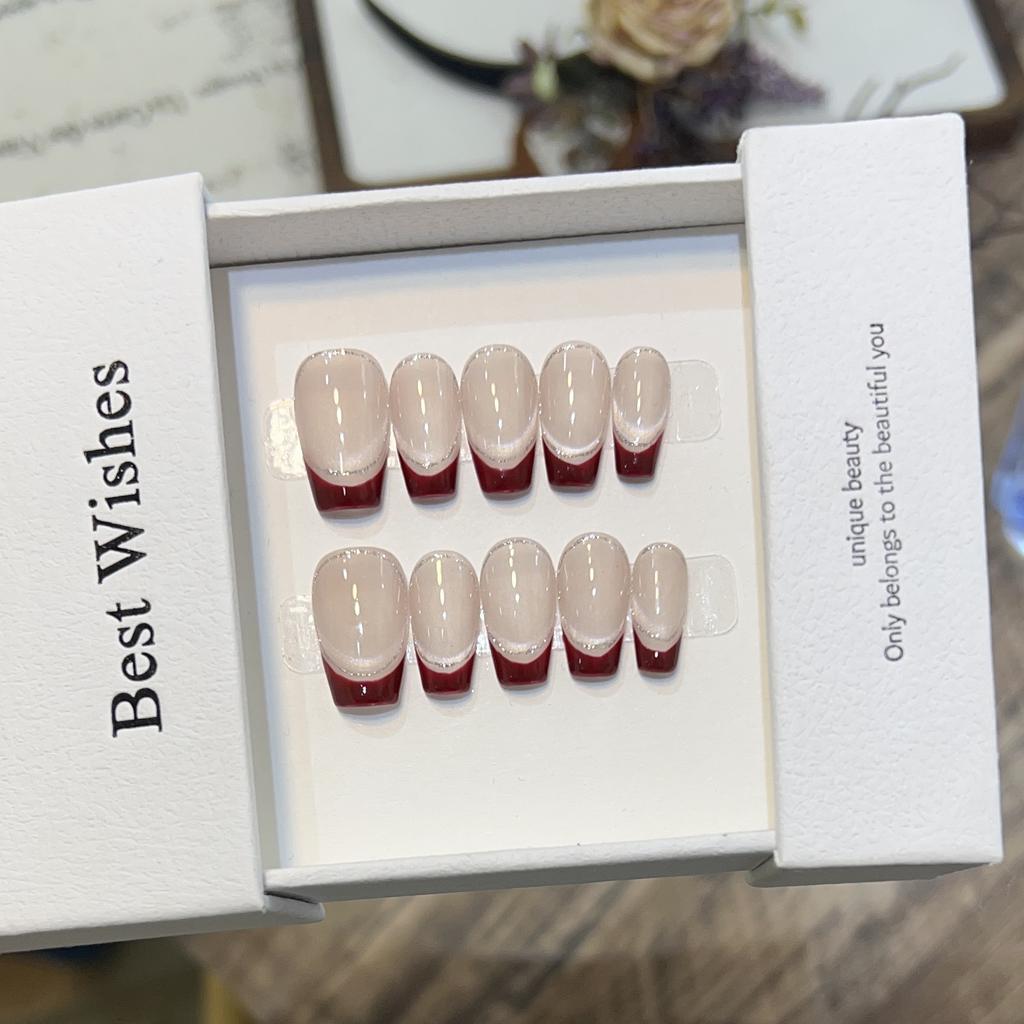 Simple Nude Cat Eye Nail Art Burgundy French Temperament Fake Nail Patch Removable Wearable Nail Patch Short