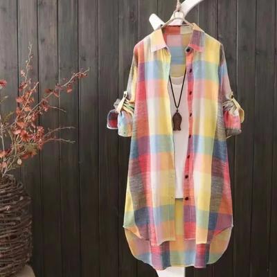 Dame Rutete Bomullsskjorte Chic Damebluse Elegant og Ungdommelig Damebluser Nyhet Ytterklær Koreansk Stil