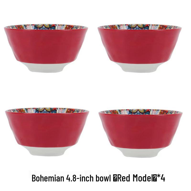 Bohemian Ceramic Rice Bowl Set - High-Temp Resistant, Colorful Underglaze Design