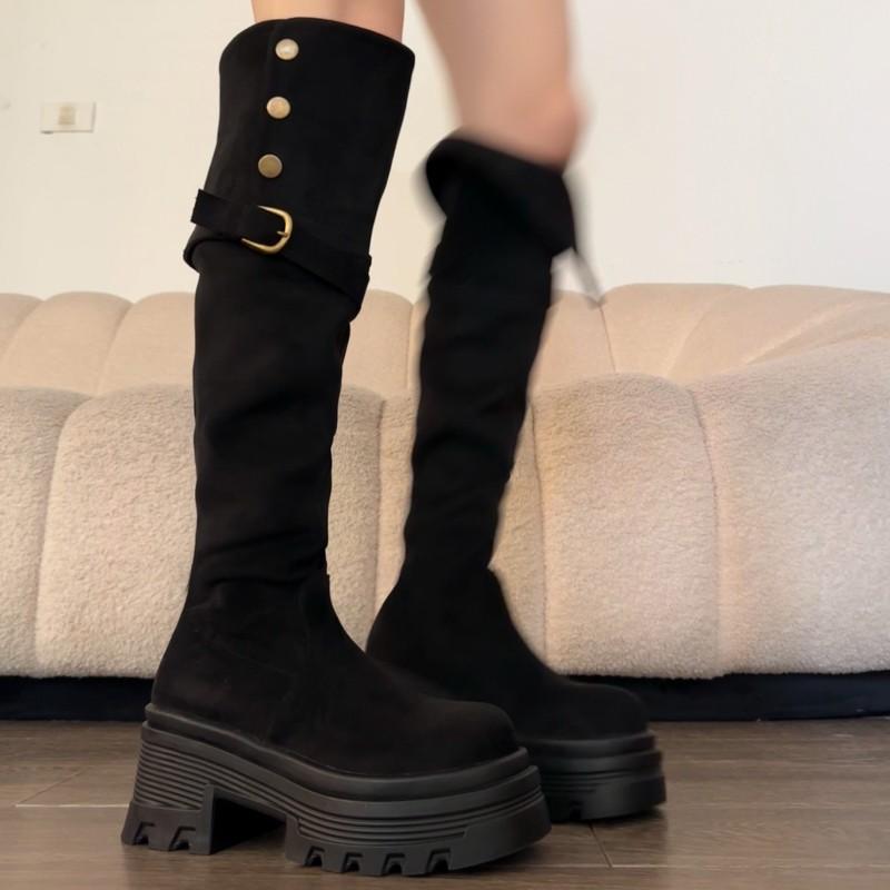 

Studded Over The Knee High Boots Autumn Round Toe Sleeve Platform Metal Buckle Block Heel Women s Shoes 40 чорний