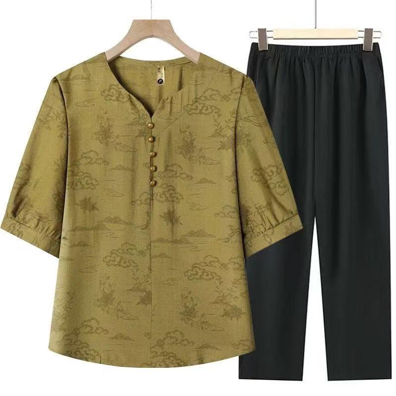 Ethnic Style Cotton Linen Two-Piece Set for Elderly Women - T-Shirt & Pants Summer Outfit