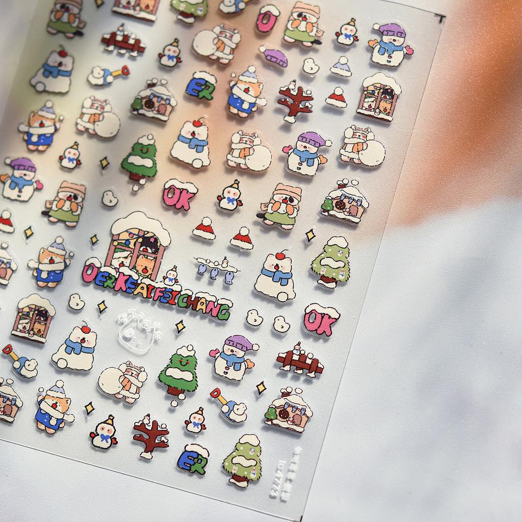 Cute Animals Bear Dog Cake Sweet Cherry Grid Bowknot Star Line Fruit Relief Self Adhesive Nail Art Stickers 5D Manicure Decals