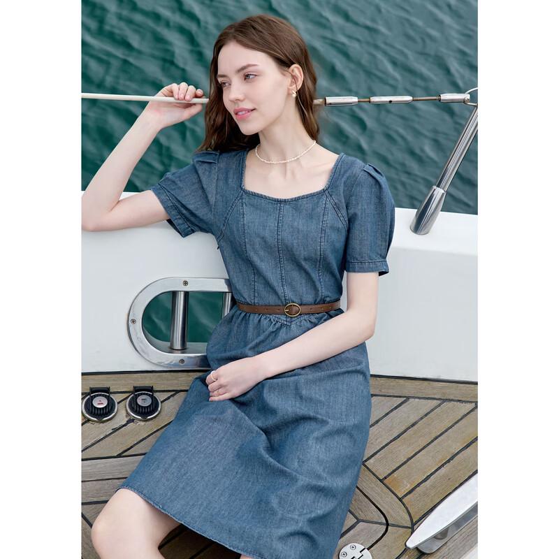 Betu Women's Short Sleeve Puff Sleeve Belted Denim Dress