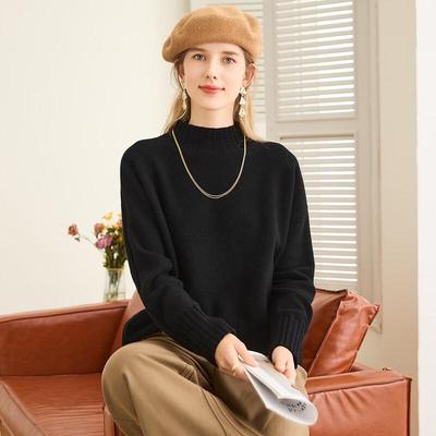 TUHUANG Nahtloser Dicker Pullover aus reiner Wolle mit halbem Stehkragen