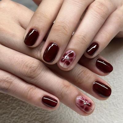 Wine Red Rhinestone Flower Short Nails - Autumn/Winter Wearable False Nail Art