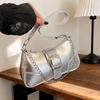 Silver Shoulder Bag Chain Handbag Fashion Bag Solid Color Pu Leather Ladies Bag French Style Underarm Shopper Purse Black Bolsos