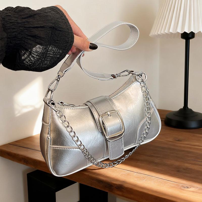 Silver Shoulder Bag Chain Handbag Fashion Bag Solid Color Pu Leather Ladies Bag French Style Underarm Shopper Purse Black Bolsos