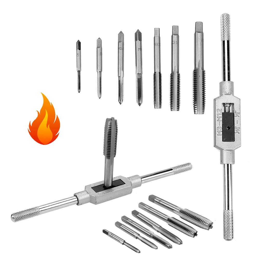 8pc Hand Screw Thread Metric Plug Tap Set M3 M4 M5 M6 M8 M10 Metal Screw Taps Thread Metric Machine Wrench Holder Hand Hinge Set