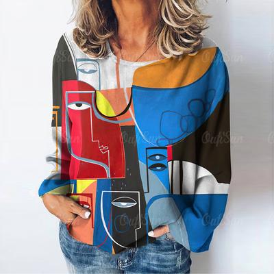 Abstrakte Kunst frauen T-Shirt Gesicht Muster Langarm Herbst O Hals Dame Kleidung Tops Übergroßen Harajuku Streetwear Weibliche Tees