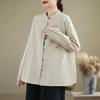 Giacca Casual da Donna in Lino Khaki con Collo alla Mandarina e Bottoni Colorati a Rana, Manica Lunga