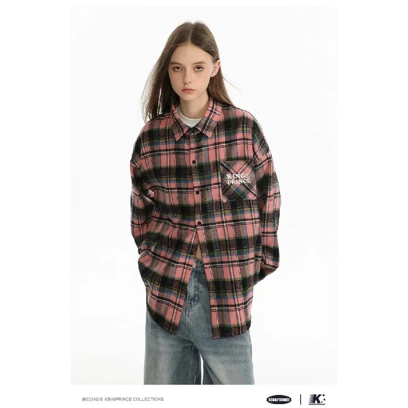Early Spring American Retro Black Pink Plaid Shirt Coat Female Spring and Autumn Male Potato Starch Plaid Long Sleeve Shirt Male Pink Grid