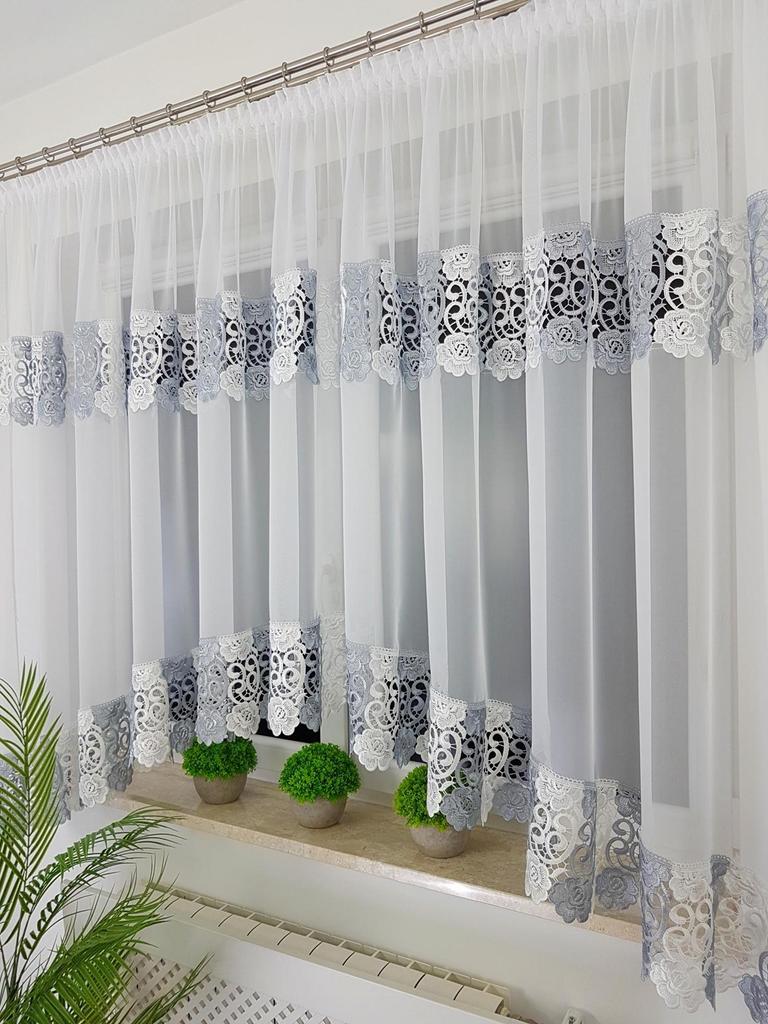 Ready-made White Voile Curtain 400x160 Cm, Double Guipure Lace, Bow, Gathering Tape