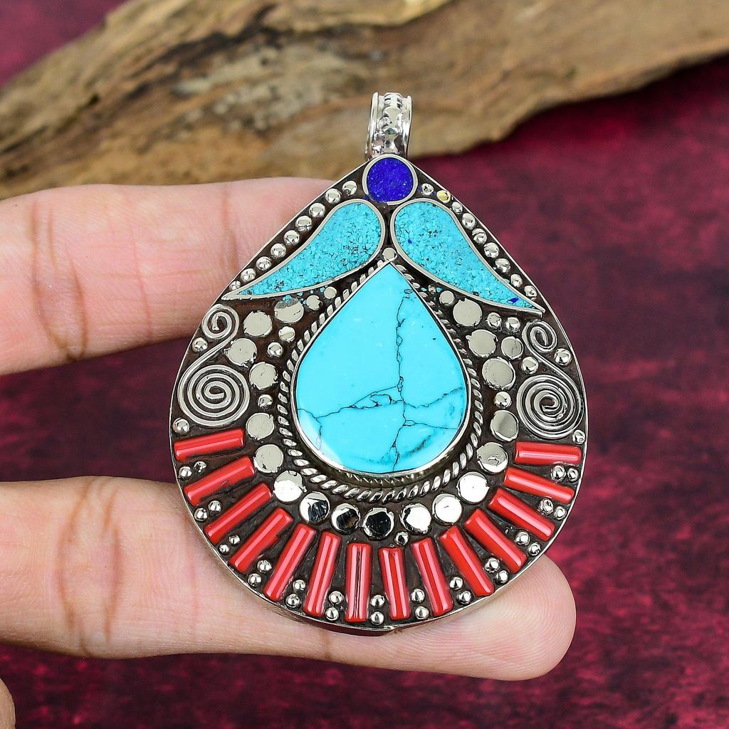 Türkis, Lapislazuli & Koralle Anhänger, 925 Massiv Sterlingsilber Edelstein Schmuck, Handgefertigter Nepalesischer Anhänger, Für Thanksgiving