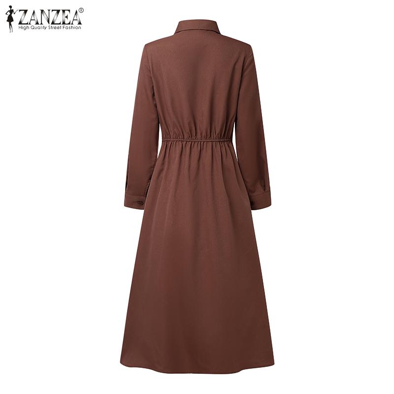 ZANZEA Women Casual Turn Down Collar Long Sleeve Loose Long Dress