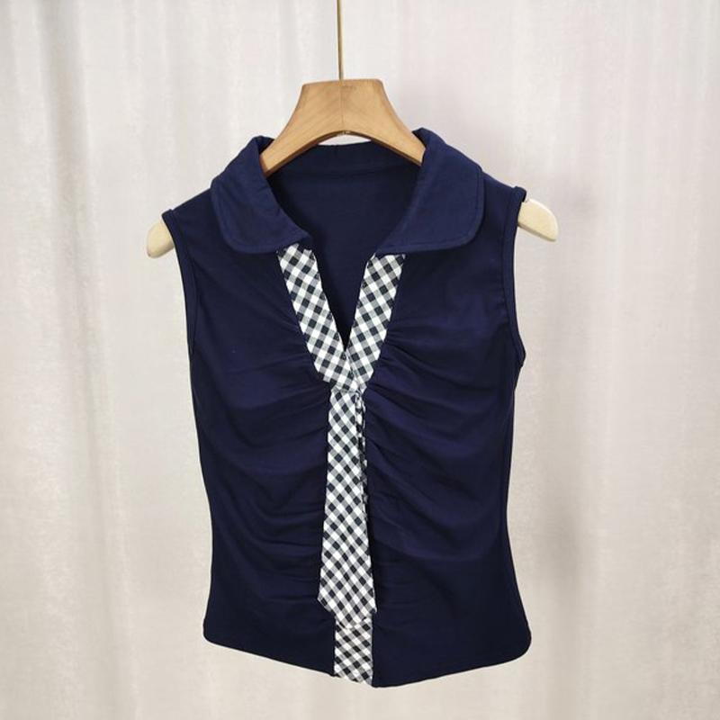 

Корейский жилет с клетчатой панелью, летний, плиссированный лацкан, без рукавов, облегающий топ для женщин темно-синий