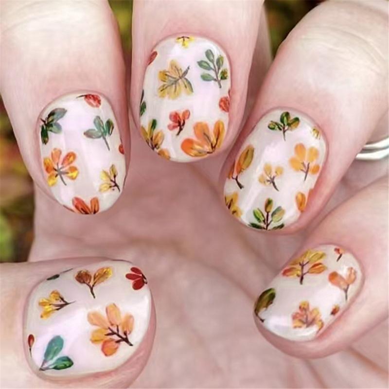 24 Pcs Short Square False Nails Maple Leaves Full Cover Stick on Nails Fall False Nails Thanksgiving Press On Nails 1
