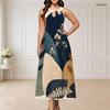 Women Plus Size Round Neck Triple Keyhole Cutout Sleeveless Printed Blue Beige White Long Maxi Dress
