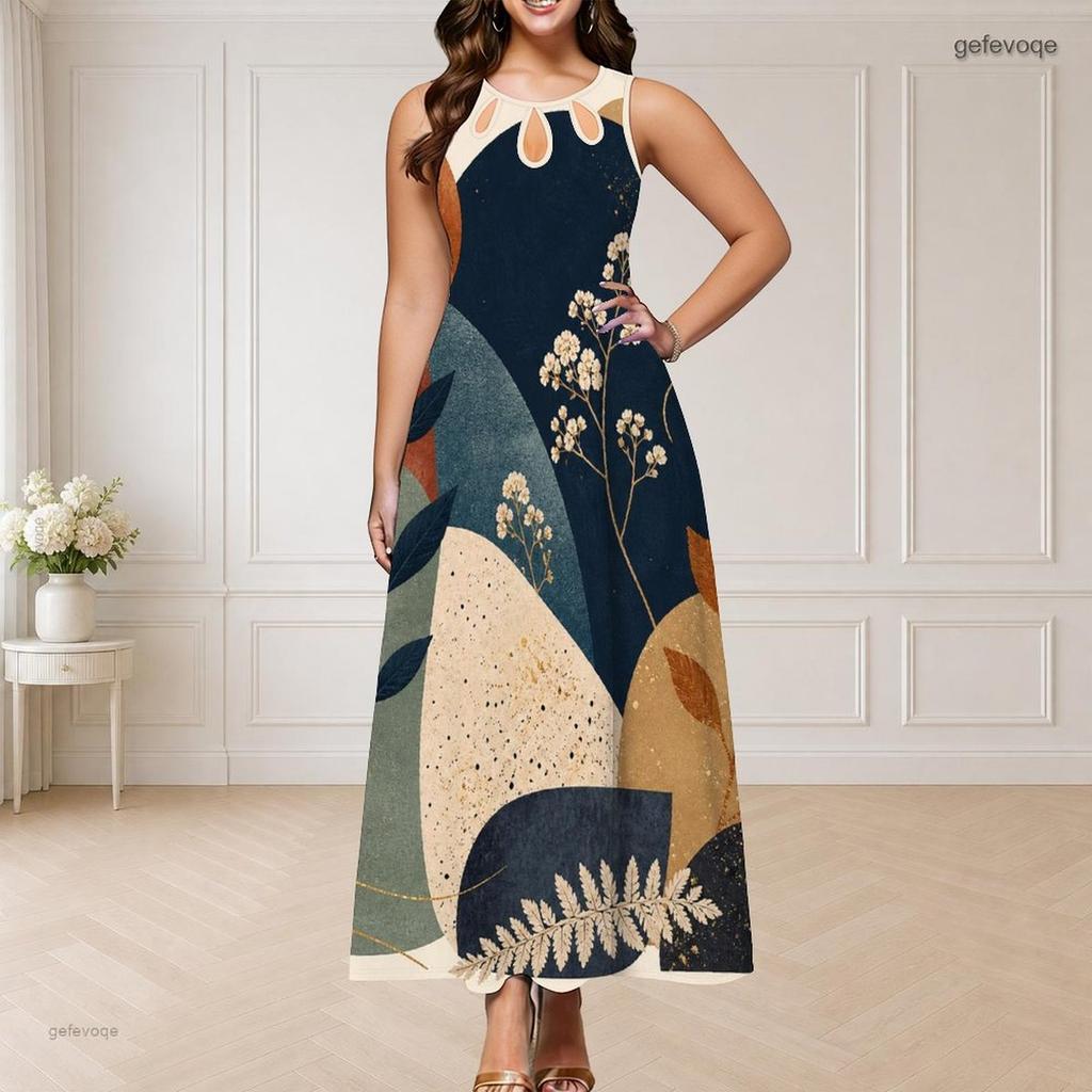 Women Plus Size Round Neck Triple Keyhole Cutout Sleeveless Printed Blue Beige White Long Maxi Dress