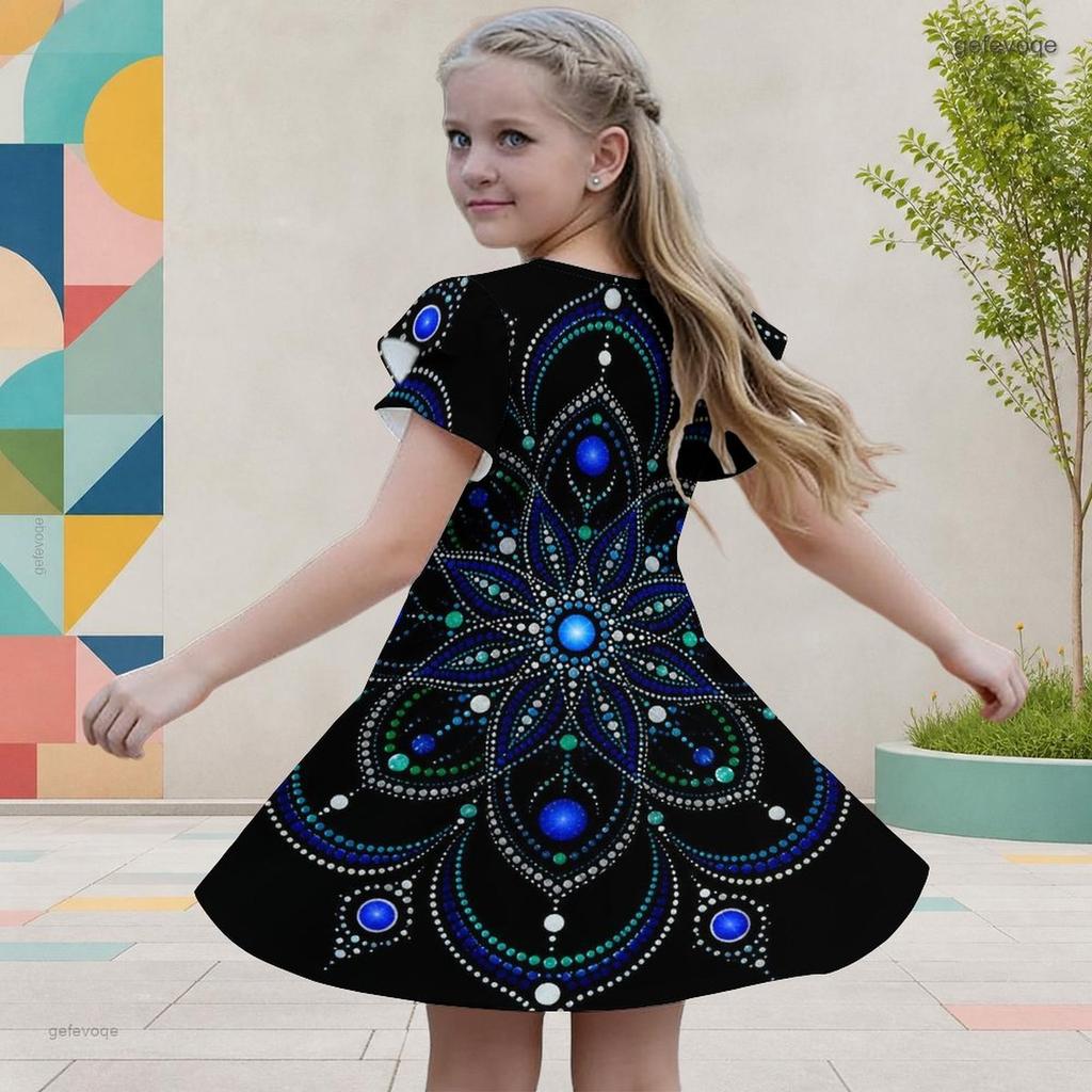 Girls Round Neck Short Flutter Sleeve Mandala Printed A Line Black Dress