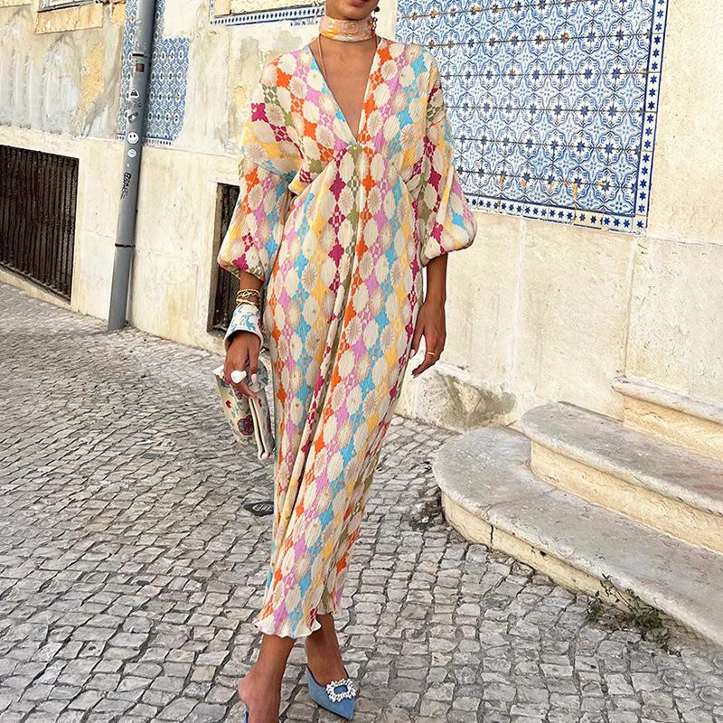Spring New Women's Clothing, Elegant Temperament Printed V-neck Lantern Sleeve Dress