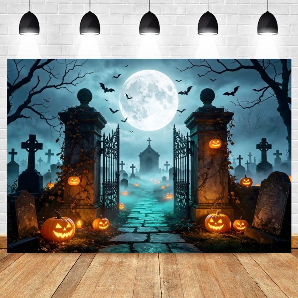 Halloween Full Moon Suburbs Cemetery Backdrop Scary Skull Castle Pumpkin Lantern Family Festival Party Decor Photo Background