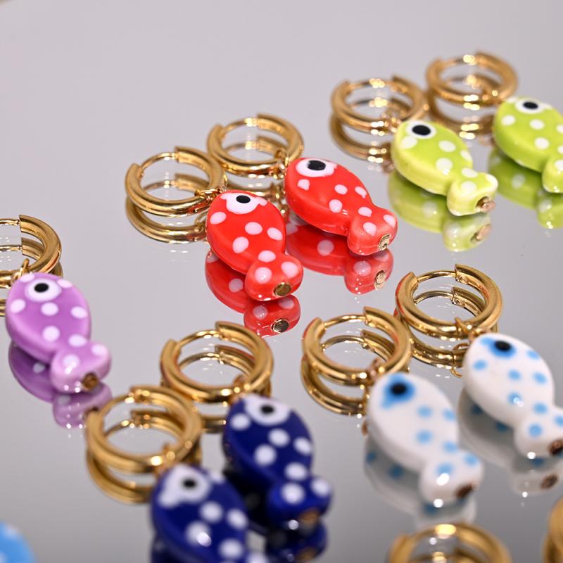1Pair Cartoon Cute Ceramic Fish Pendant Hoop Earrings For Women Girls  Versatile Ear Buckle Jewelry Accessories Gifts