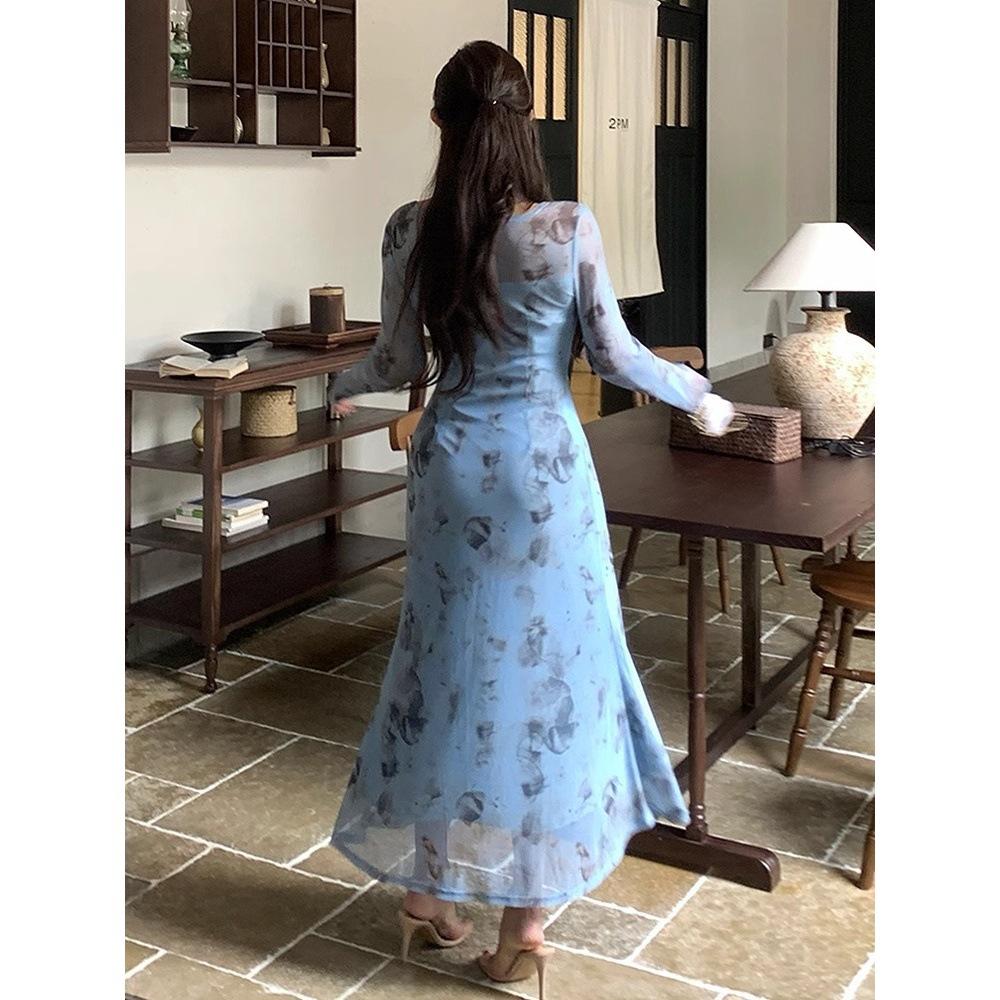 Skirt temperament low-cut v-neck blue printed slim-fit hip-wrapped versatile dress early spring