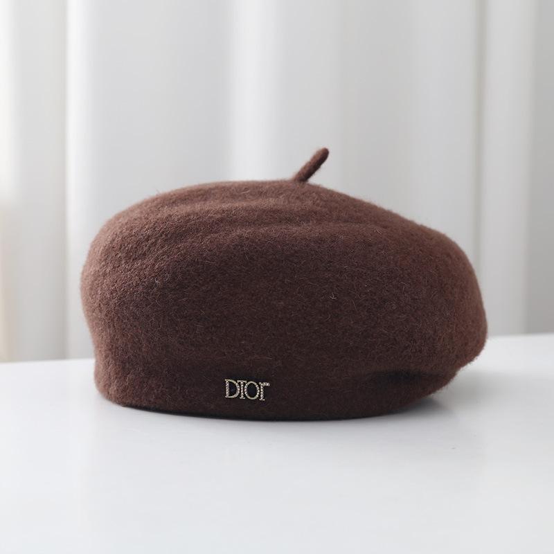 Wool Beret Women's Autumn and Winter Literary Pleated Edge Metal Letter Mark Retro Warm Pumpkin Hat