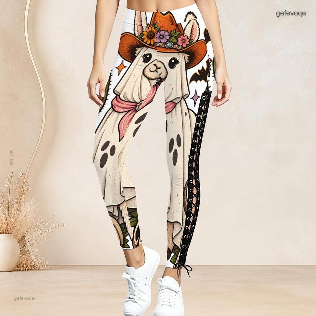 Women Plus Size High Waist Printed Side Eyelet Lace Up Full Length Leggings