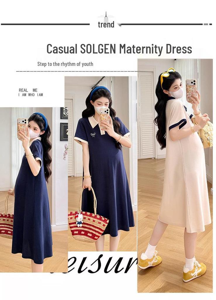 Summer 2026 Maternity Color-Block Zipper Polo Dress - Casual Loose A-Line Mid-Length Skirt