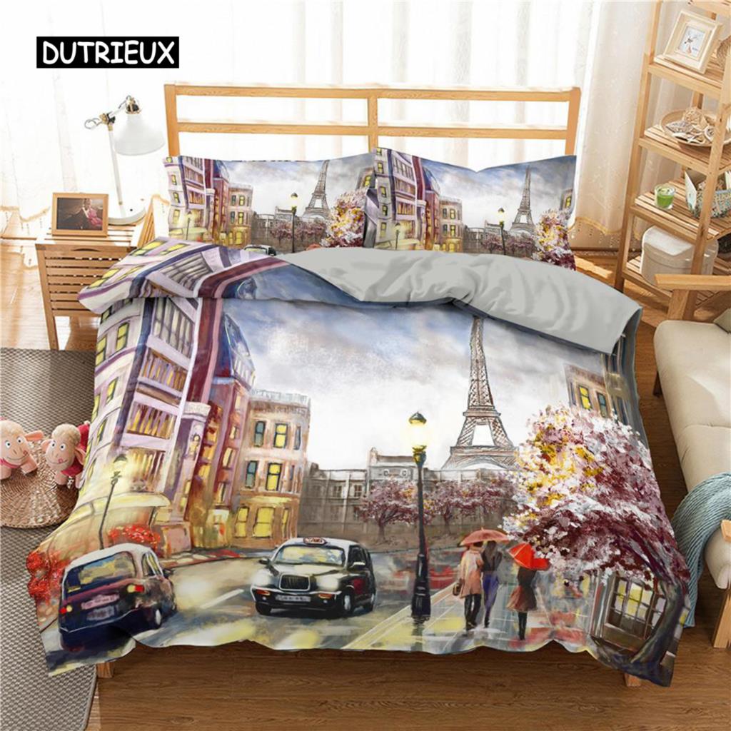 Paris Duvet Cover Set Microfiber Paris Tower Oil Painting Bedding Set Car City Landscape Pattern Quilt Cover Queen King Size
