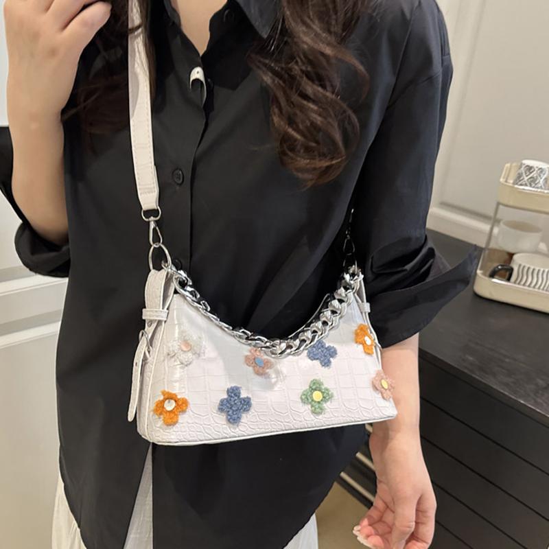 New Crocodile Pattern French Toast Bag Fashion Flower Embroidery Chain Shoulder Bag Women's Shoulder Cross-Body Bag AVE