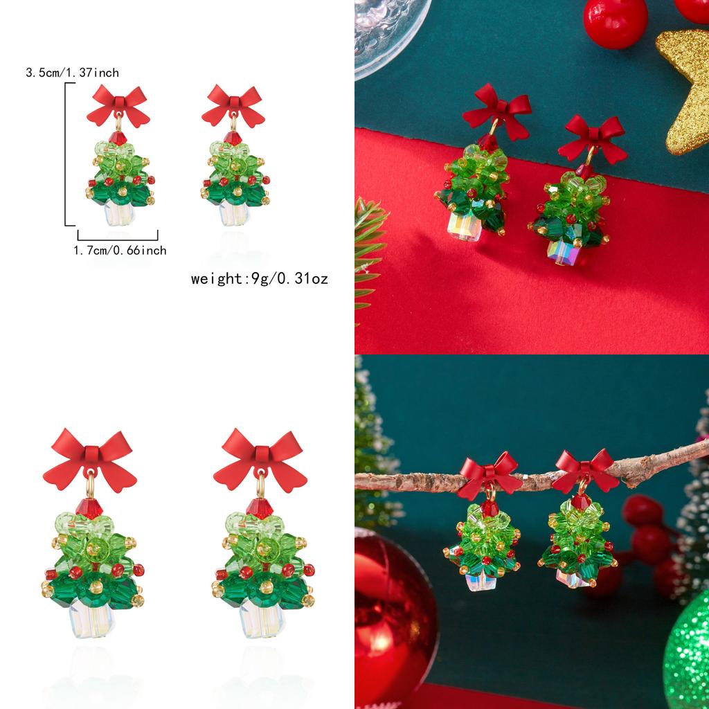 Holiday Earrings Women Alloy Red Bow Christmas Tree Jewelry With Glitter For Christmas Party Accessory
