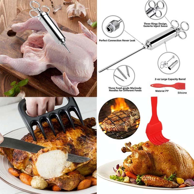 Meat  Syringe Kit StainlessSteel for Grill Turkey BBQ Seasoning Sauce Injection Flavor Needle CookingSyringe for Smoker Roast
