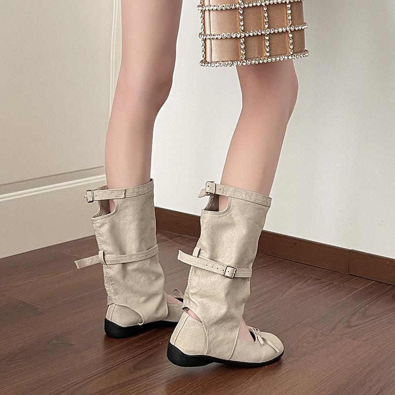 Design sense round head short boots bow hollow stack boots women's summer fashion versatile cool boots retro fashion boots