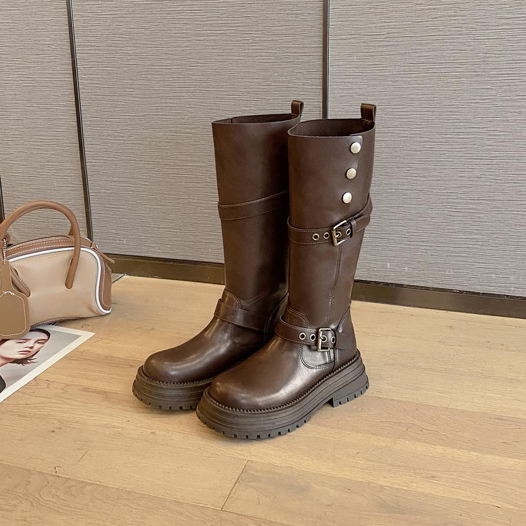 Black Retro British Style Thick Heel Platform Boots Women's 2025 Autumn and Winter New Boots Tall and Thin Knight Boots