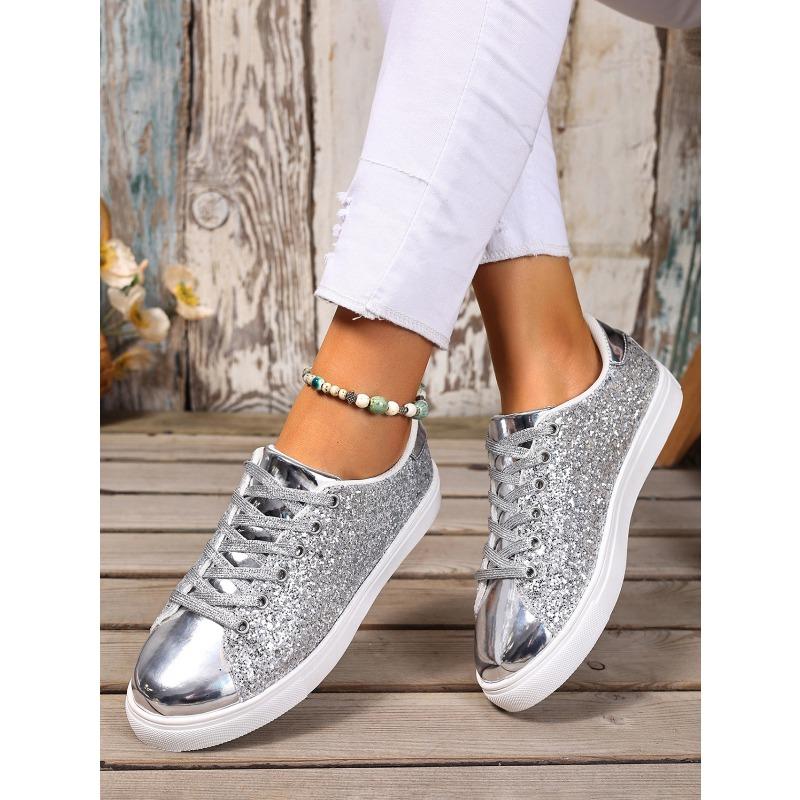 2025 Summer New Arrival Plus Size Sequined Front Lace-Up Solid Color Oversized Sneakers