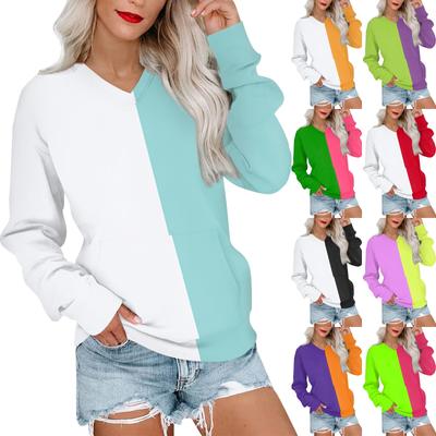 Women's Casual Fashion Stitching Color V-Neck Long Sleeve Sweatshirt Light Pullover With Pockets