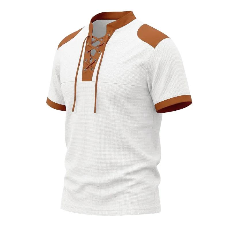 Summer Vintage Style Casual T-Shirts Men Patchwork Drawstring Loose Male Tshirt Short Sleeve Fashion Pull On Tees Streetwear
