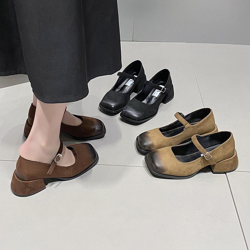 Mary Jane Shoes Women's Autumn and Winter 2024 New French One-word Buckle High Heels Square Head Light Mouth Thick Heel Versatile Single Shoes