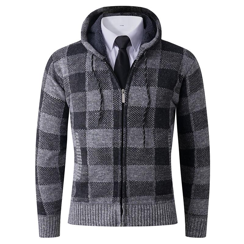 Hooded Men's Zipper Loose Plaid Jacket Long Sleeve Contrast Cardigan Top