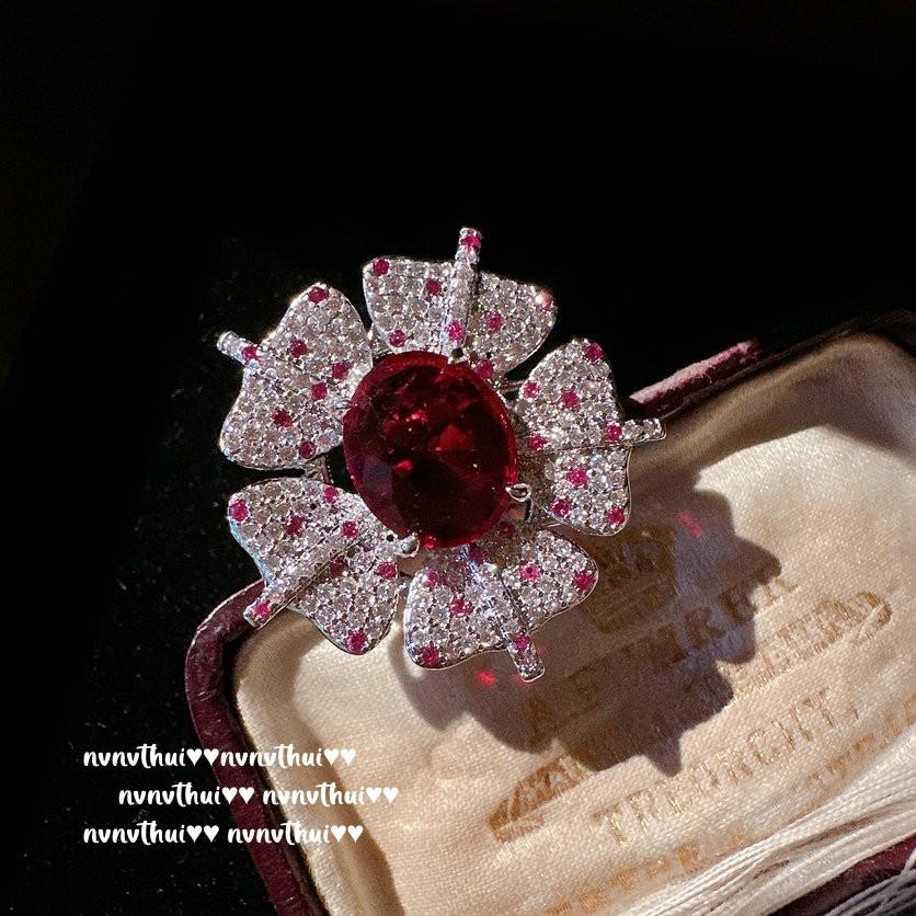 Papalacha Flowery Gemstone Necklace, Antique, Plated With 18K Gold, Pink Hot Pink Flower Zircon Ring Combination.