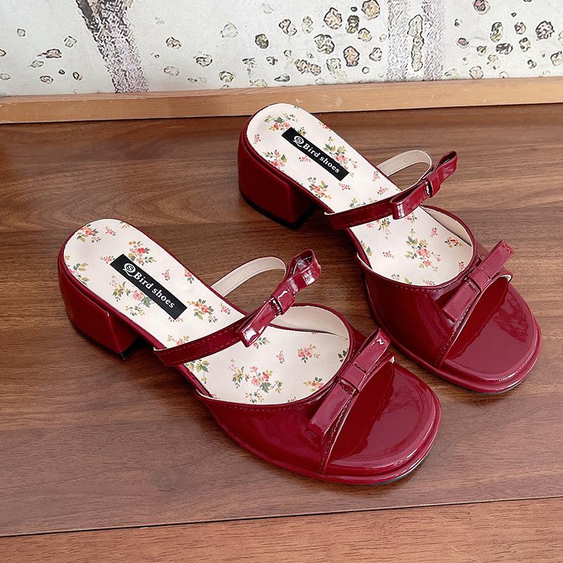 With skirt, high-heeled slippers, women's summer outer wear 2025 new height-increasing bow open-toed cool slippers