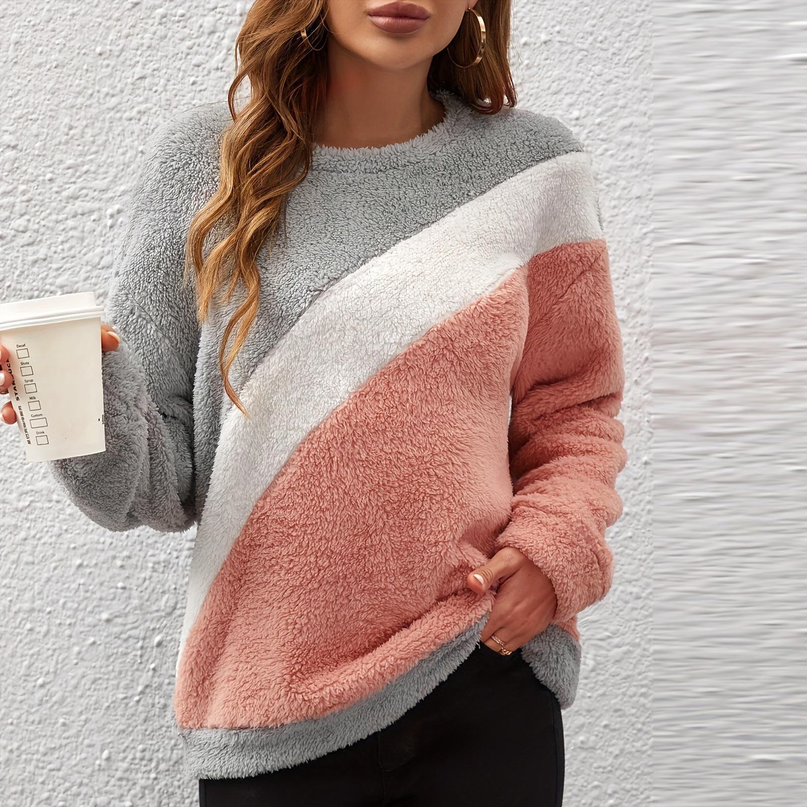 

Women s Fashion Casual Round Neck Contrasting Color Drop Shoulder Sleeve Fleece Long Sleeve Pullover Top M