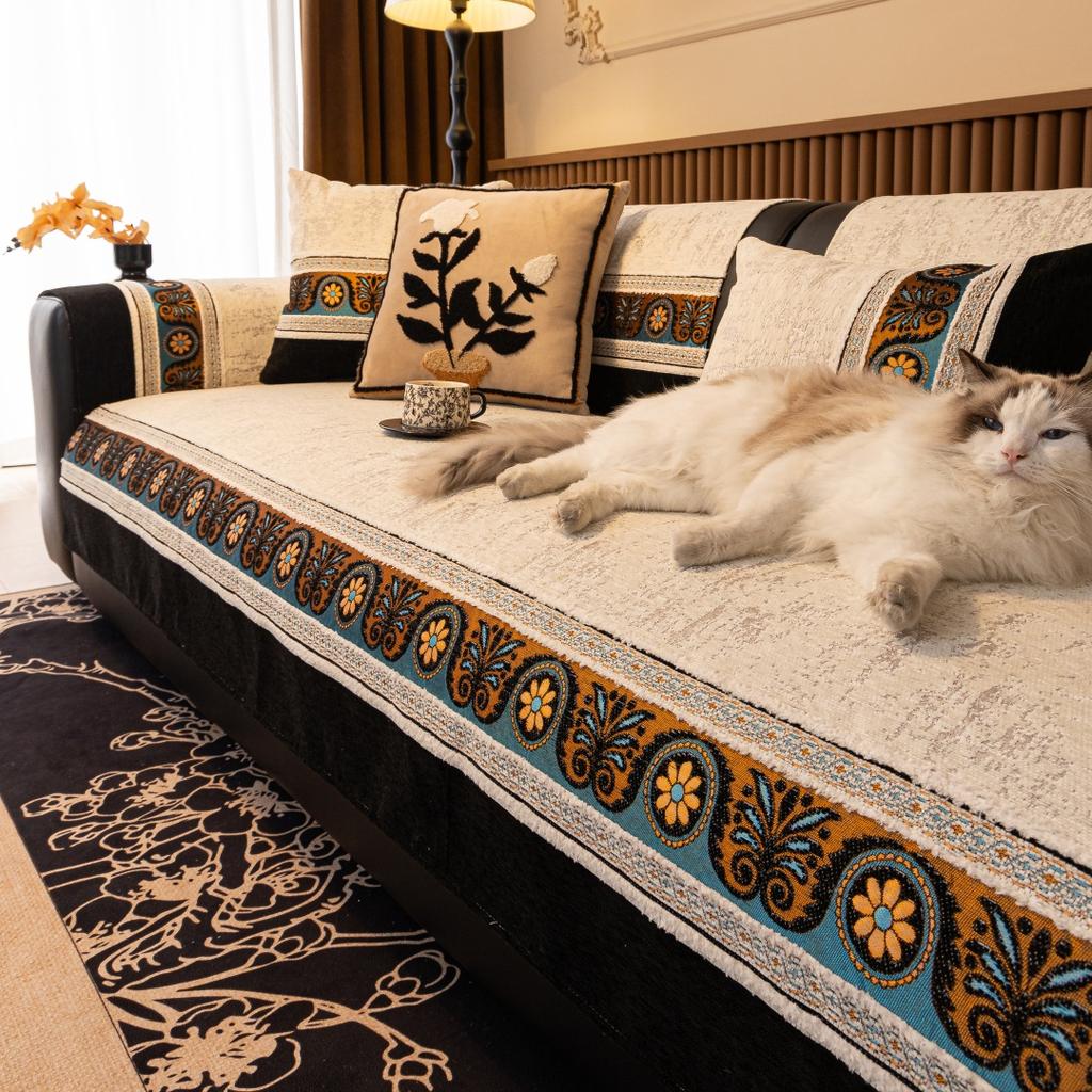 Exotischer Jacquard Chenille Rutschfester Sofakissenbezug, Rutschfeste Wohnzimmer Sitzauflage, Boho Heimdeko