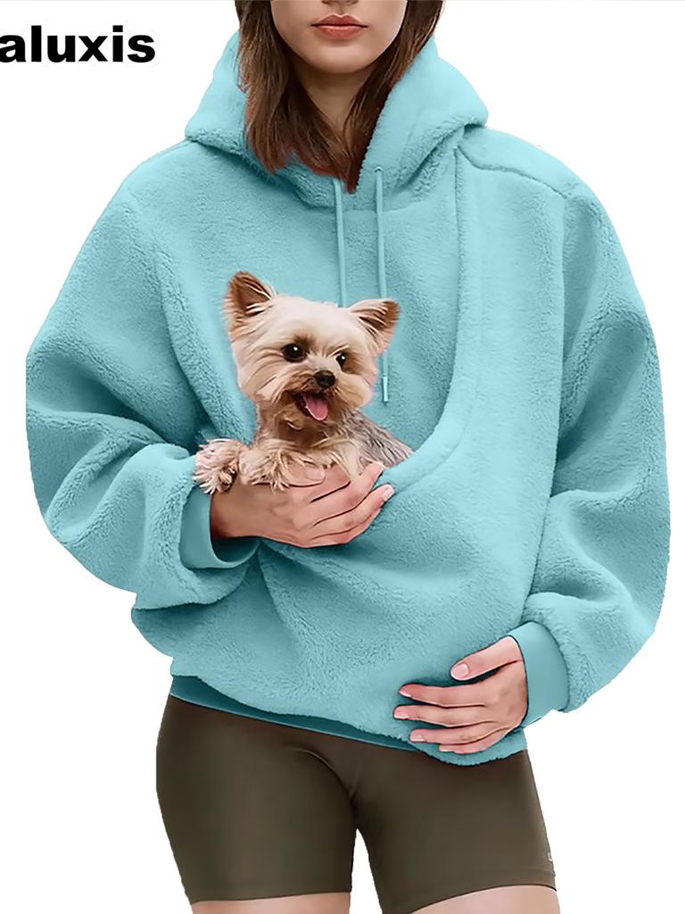 New Autumn Solid Color Hooded Plush Pet Hat Loose Pullover Sweatshirt for Women
