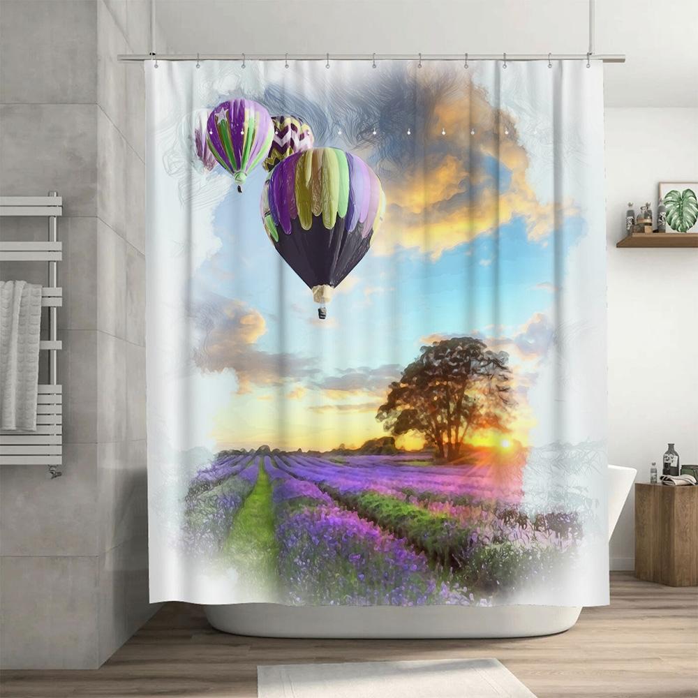Vibrant Hot Air Balloons Lavender Fields Shower Curtain Waterproof Bathroom Decorations For Home Decoration Art Wall Hanging