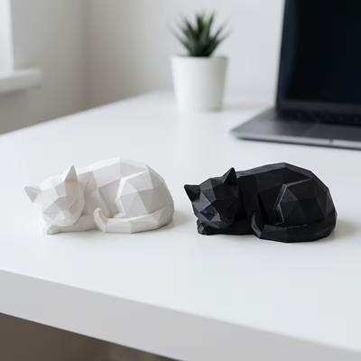 Geometric Sleeping Cat Figurine, 3D Printed Minimalist Cat Statue, Abstract Animal Sculpture for Desk Shelf Home Office Decor