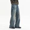 American retro old loose straight jeans men's big horn splicing personality trend lazy wind denim trousers