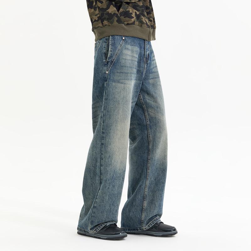 American retro old loose straight jeans men's big horn splicing personality trend lazy wind denim trousers